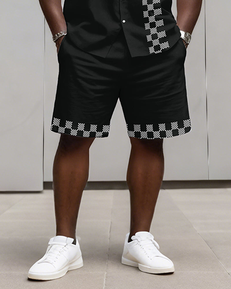 Big & Tall Men's Business Plaid Striped Print Long Sleeve Shirt Shorts Set