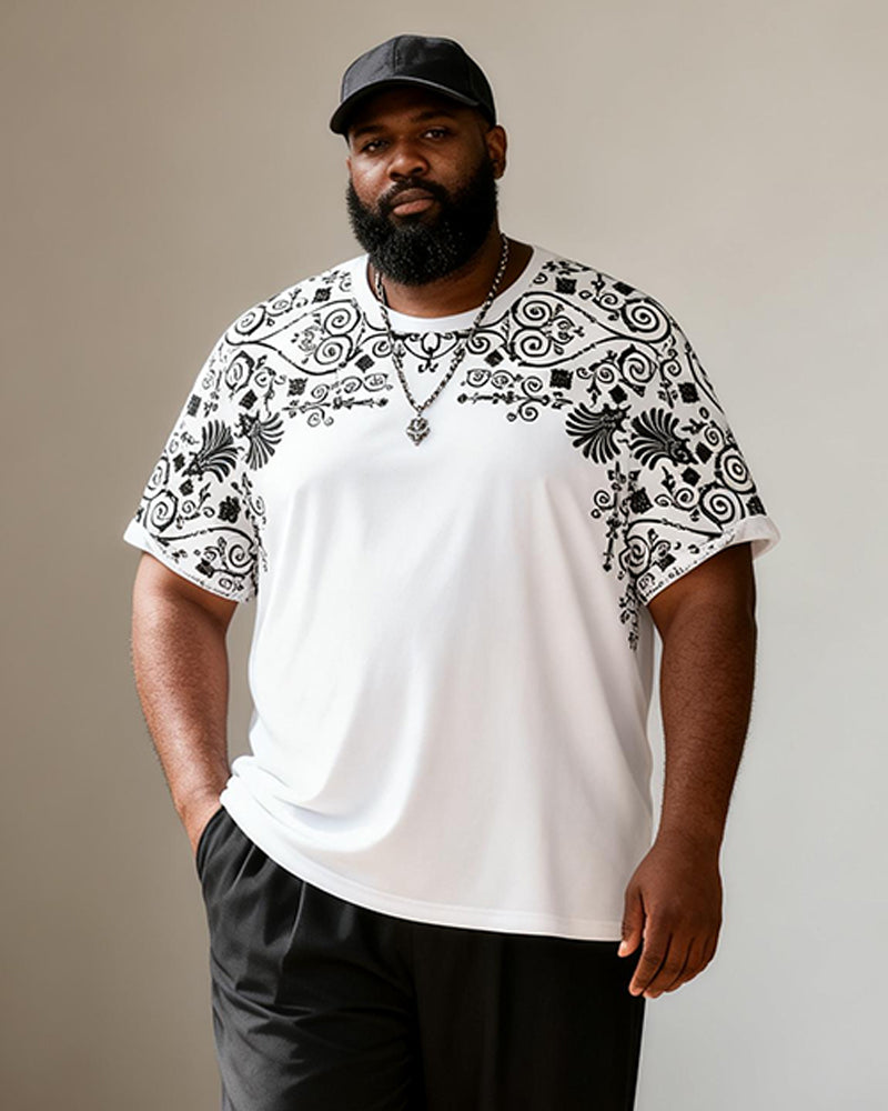 Big & Tall Men's Black And White Retro Scrollwork Print T-Shirt And Pants Set