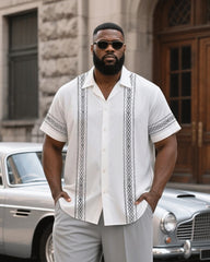 Big & Tall Men's Simple Texture Stripe Printed Short Sleeve Shirt Pants Set