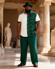 Big & Tall Men's Jacquard Dark Green Stitching Printed Short-sleeved Shirt And Trousers Set