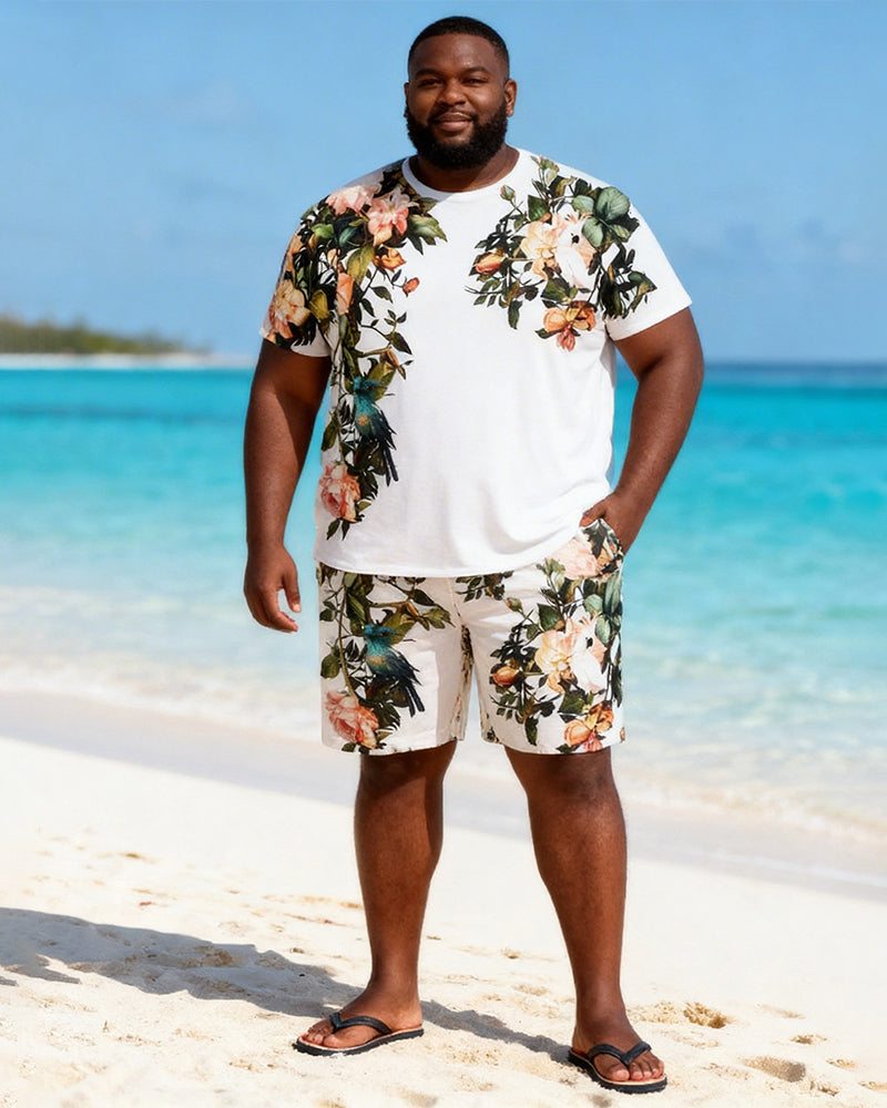 Big & Tall Men's Flower And Bird Print Round Neck Short Sleeve T-Shirt Shorts Set