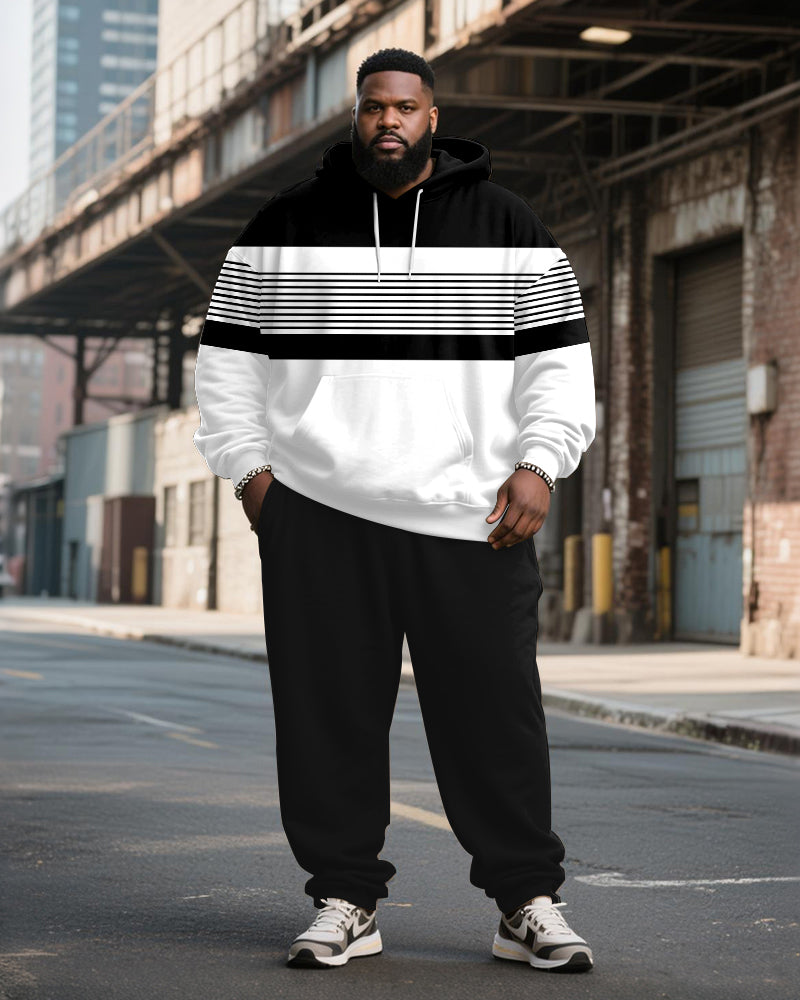 Big & Tall Men's Black And White Stripe Patchwork Printed Hoodie Set