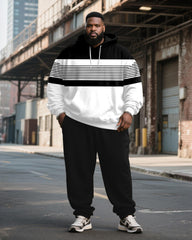 Big & Tall Men's Black And White Stripe Patchwork Printed Hoodie Set