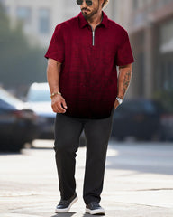 Big & Tall Men's Red Gradient Check Print Zipper Polo Short Sleeve Pants Set