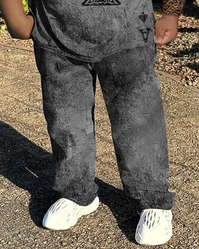 Big & Tall Men's Distressed Grey Spades A Printed T-shirt Trousers Set