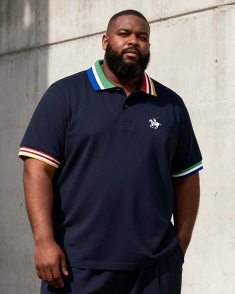 Big & Tall Men’s Contrasting Rainbow-Trimmed Printed Polo Short-Sleeve Shorts Set