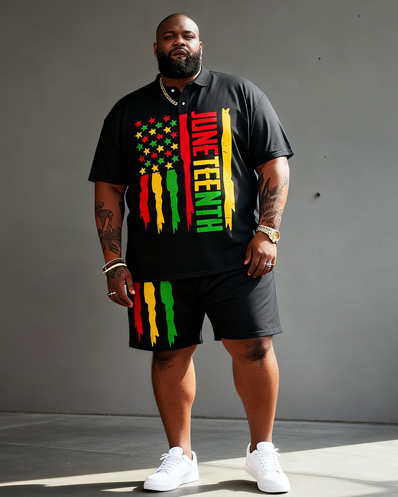 Big & Tall Men's Juneteenth American Flag Print POLO Short Sleeve Shorts Set