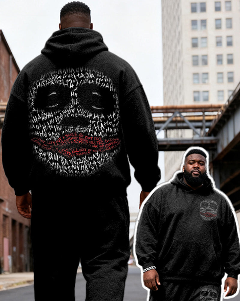 Big & Tall Men's Black Ha Skull Letter Graffiti Print Hoodie Set