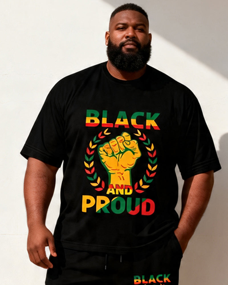 Big & Tall Men's Black And Proud Fist Print Round Neck Short Sleeve T-Shirt Shorts Set
