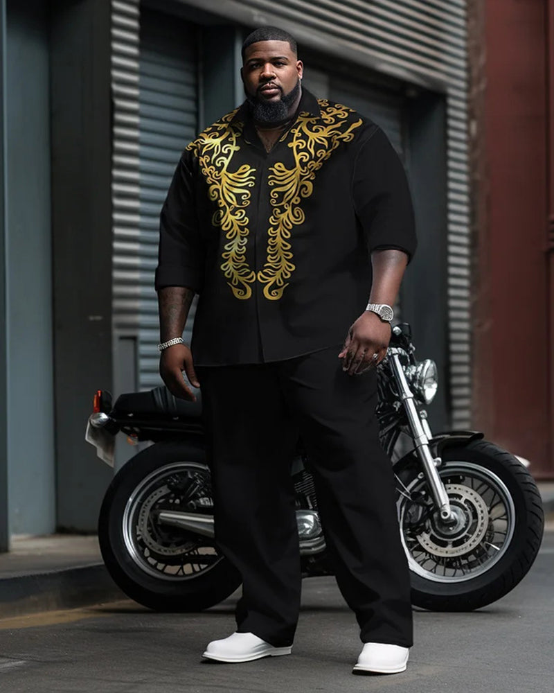 Big & Tall Men's Black And Gold Baroque Print Long Sleeve Shirt Pants Set