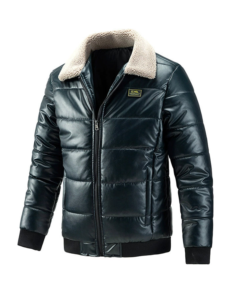 Big & Tall Men's Padded Lamb Wool Lapel Motorcycle PU Leather Jacket M-5XL