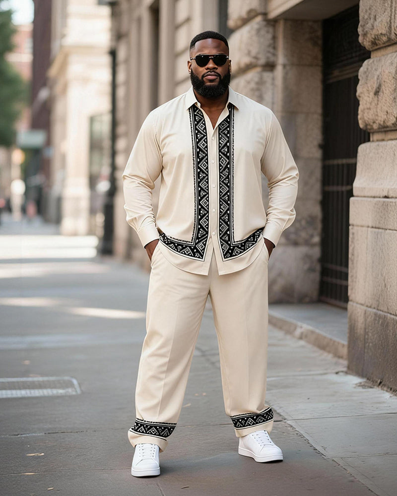 Big & Tall Men's Rice White Ethnic Pattern Printed Long Sleeve Shirt Trousers Suit