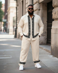 Big & Tall Men's Rice White Ethnic Pattern Printed Long Sleeve Shirt Trousers Suit