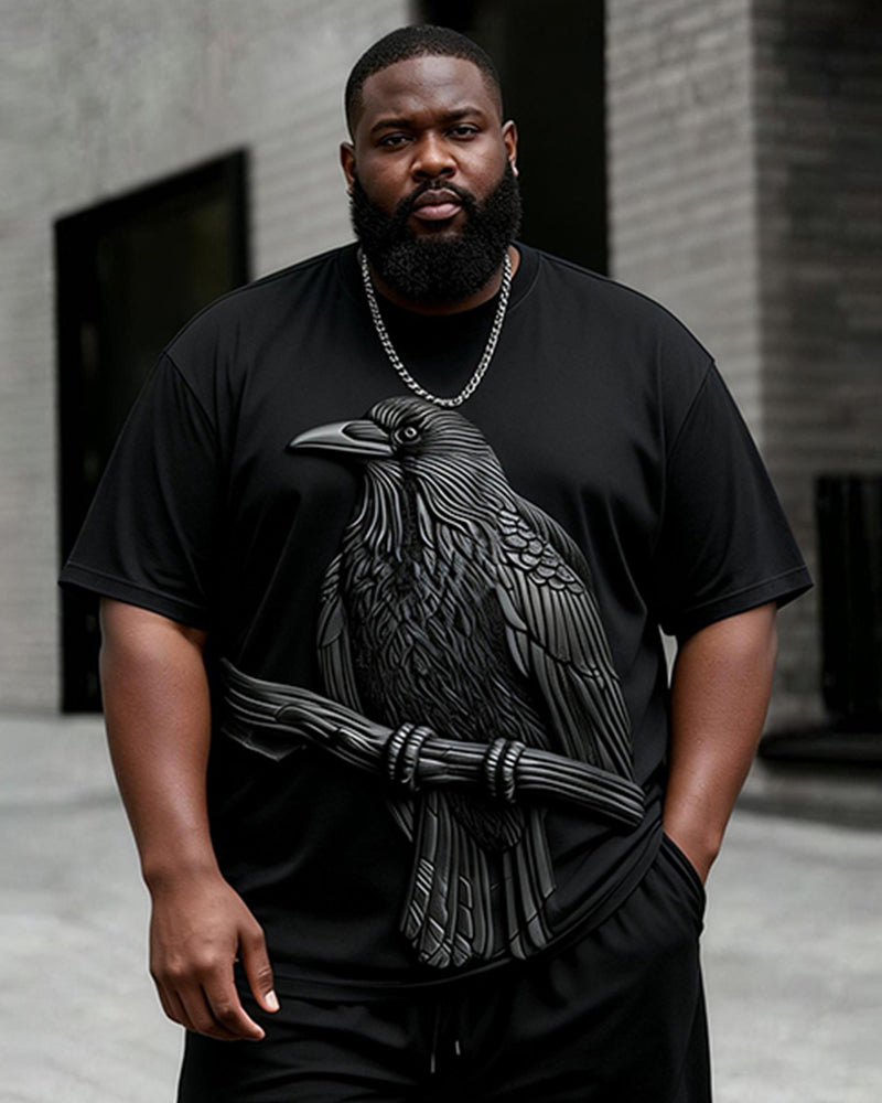 Big & Tall Men's3D Crow Embossed Print Round Neck Short Sleeve T-shirt Shorts Set