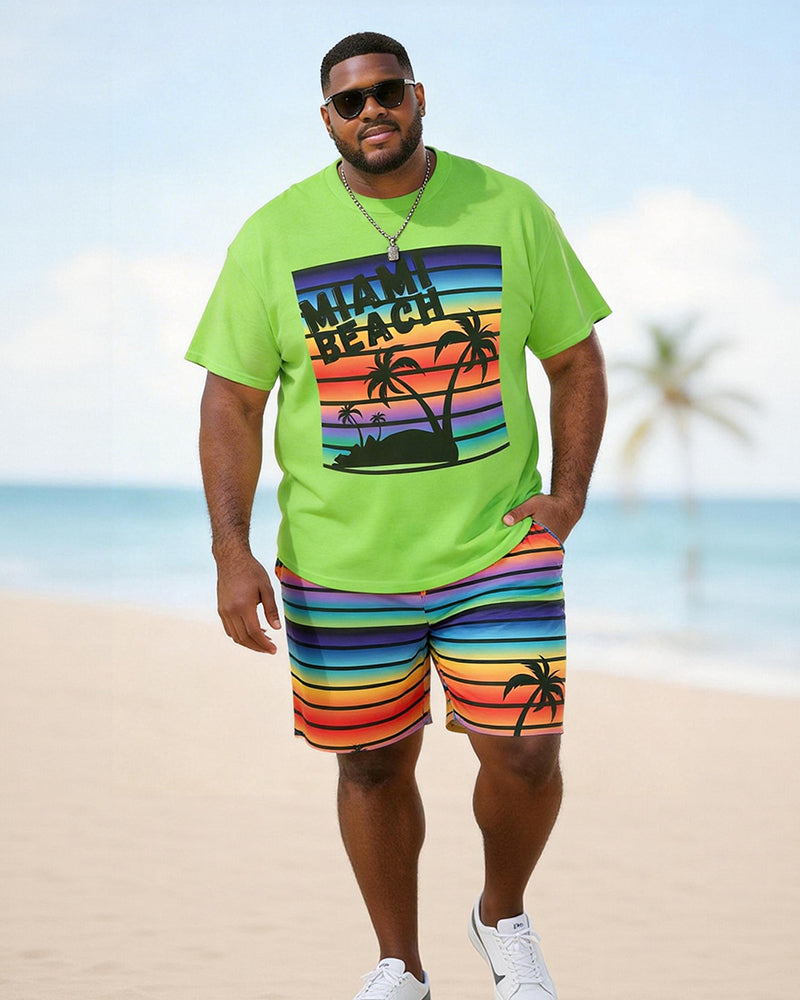 Big & Tall Men's MIAMI BEACH Rainbow Stripe Printed Crewneck Short Sleeve T-Shirt Shorts Set