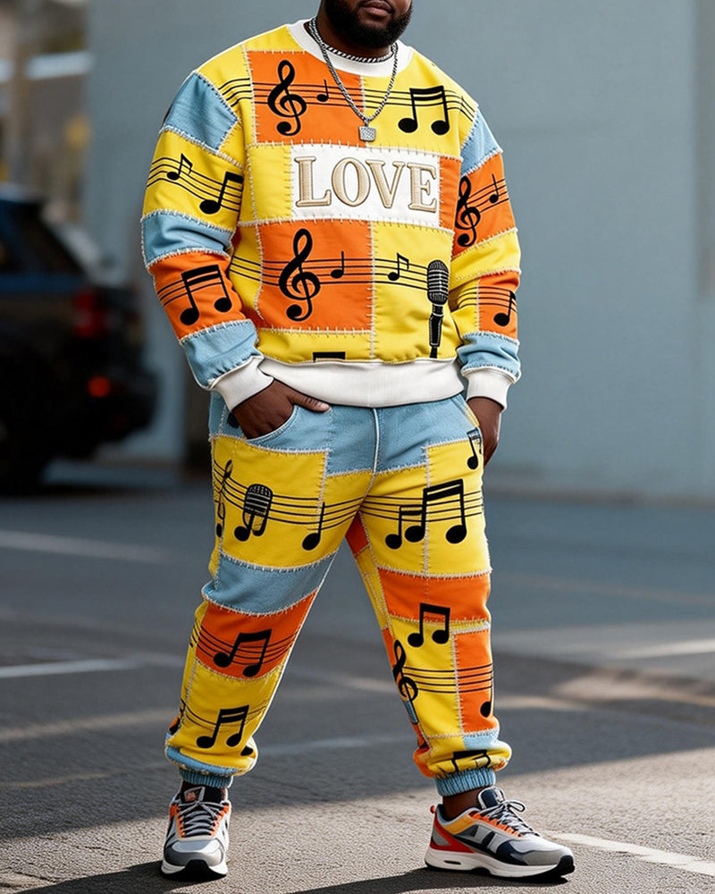 Big & Tall Men's LOVE Note Contrast Stitching Printed Round Neck Sweater Set