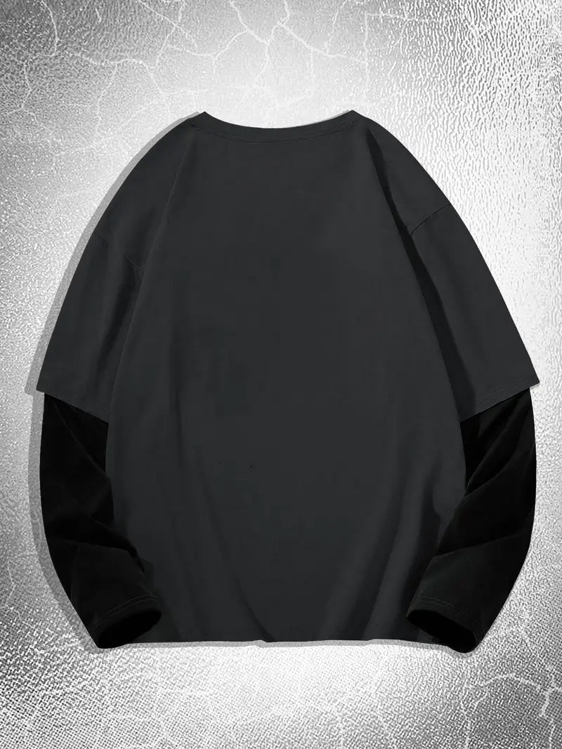 Big & Tall Men's Religious Thorn Head Printed Fake Two Long Sleeve T-Shirts