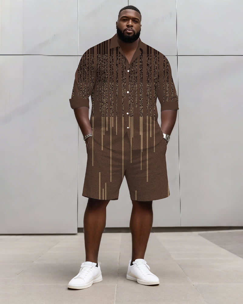 Big & Tall Men's Business Brown Geometric Stripe Print Long Sleeve Shirt Shorts Set
