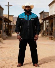 Big & Tall Men's Western Black And Blue Stitching Totem Print Long Sleeve Shirt Pants Set
