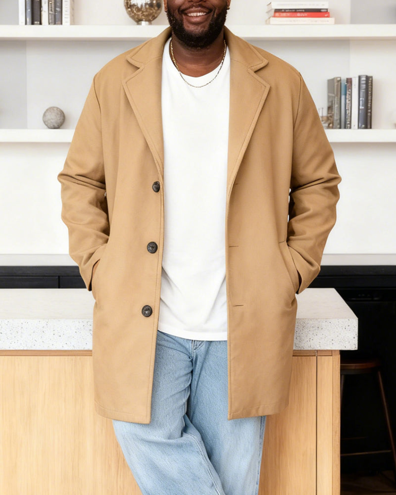 Big & Tall Men's Solid Color Wool Mid-length Trench Coat S-3XL