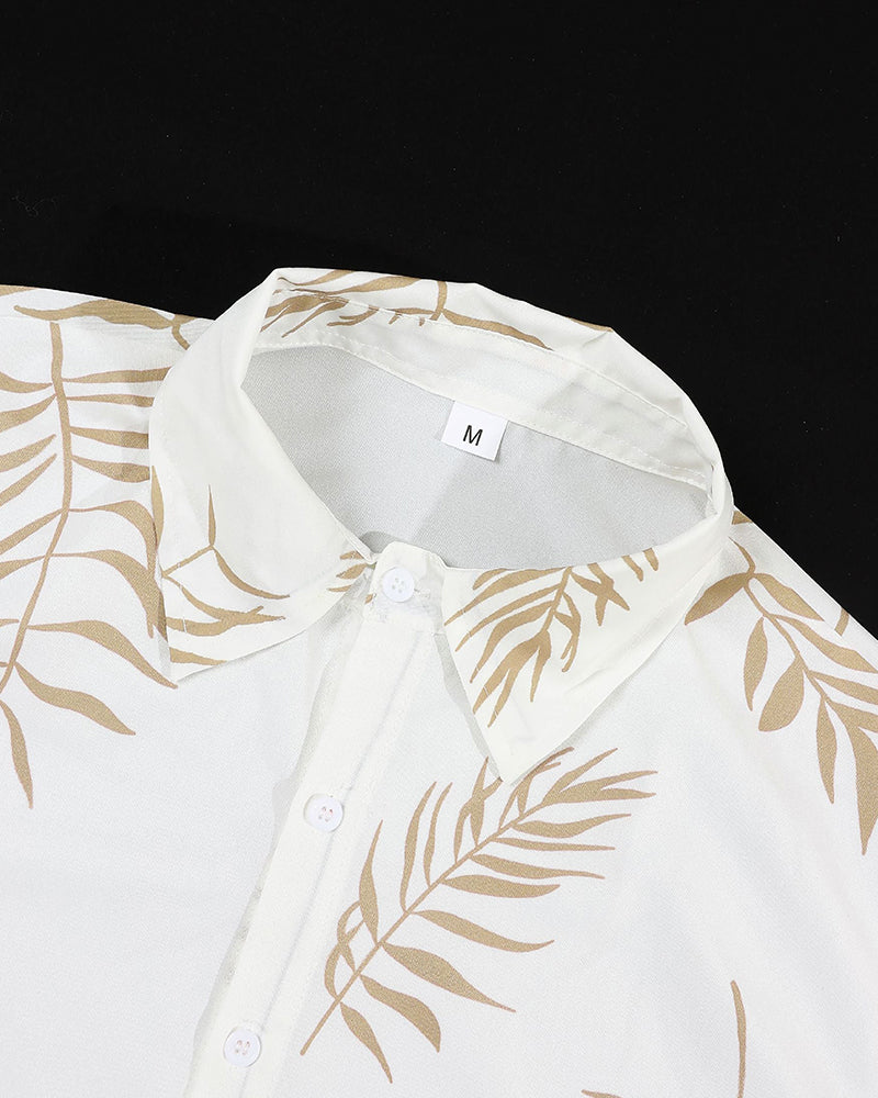Men's Leaf Print Drawstring Waist Loose Shorts Set