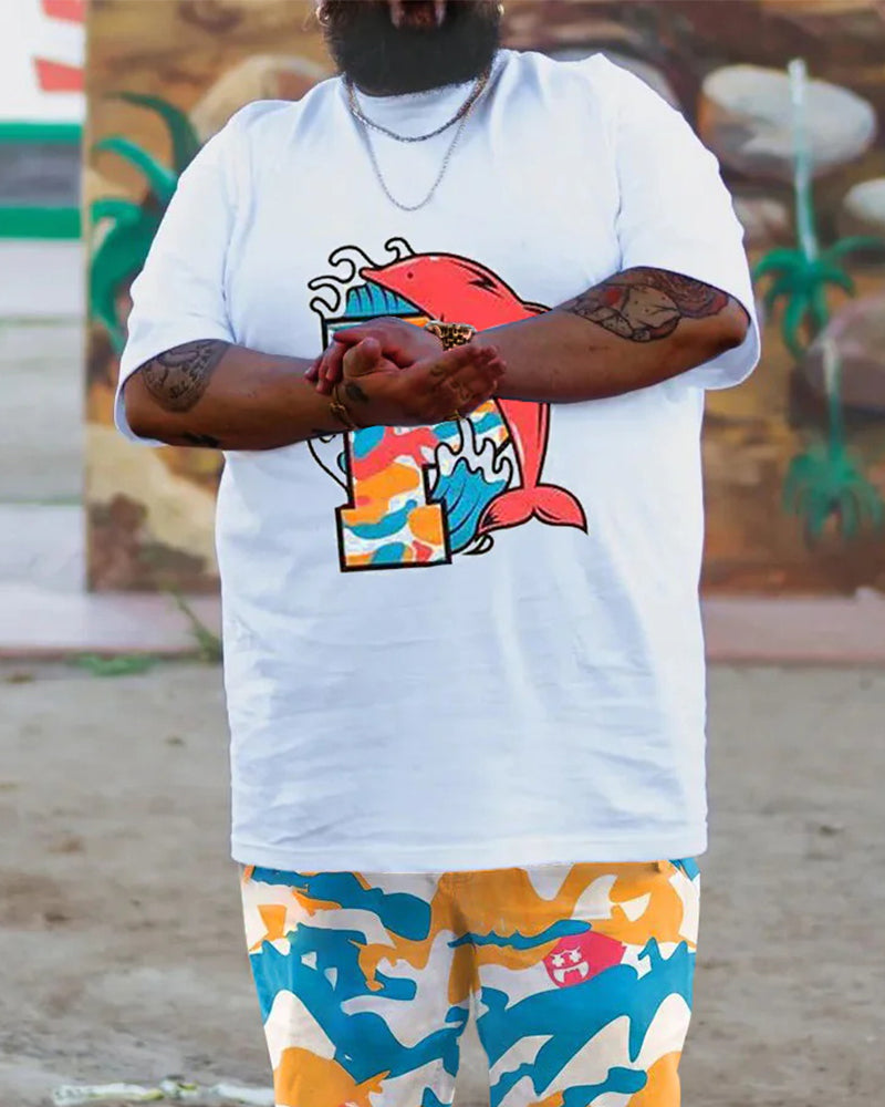 Big & Tall Men's White Camouflage Dolphin Print Round Neck Short Sleeve T-Shirt Shorts Set