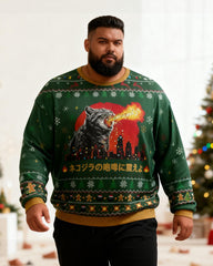 Big & Tall Men's Christmas Cat Roar Graffiti Print Crewneck Ugly Sweater