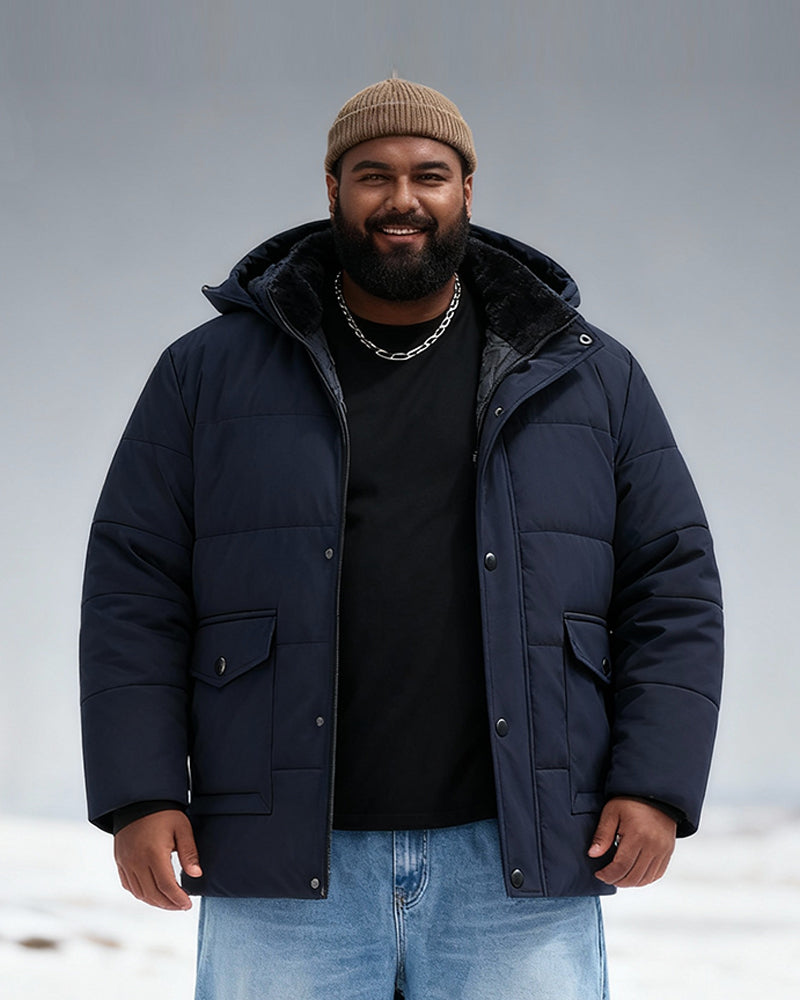 Big & Tall Men's Solid Color Padded Hooded Long Cotton-padded Jacket Coat M-8XL