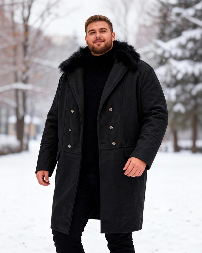 Big & Tall Men's Casual Big Wool Collar Woolen Solid Color Double-breasted Coat S-5XL
