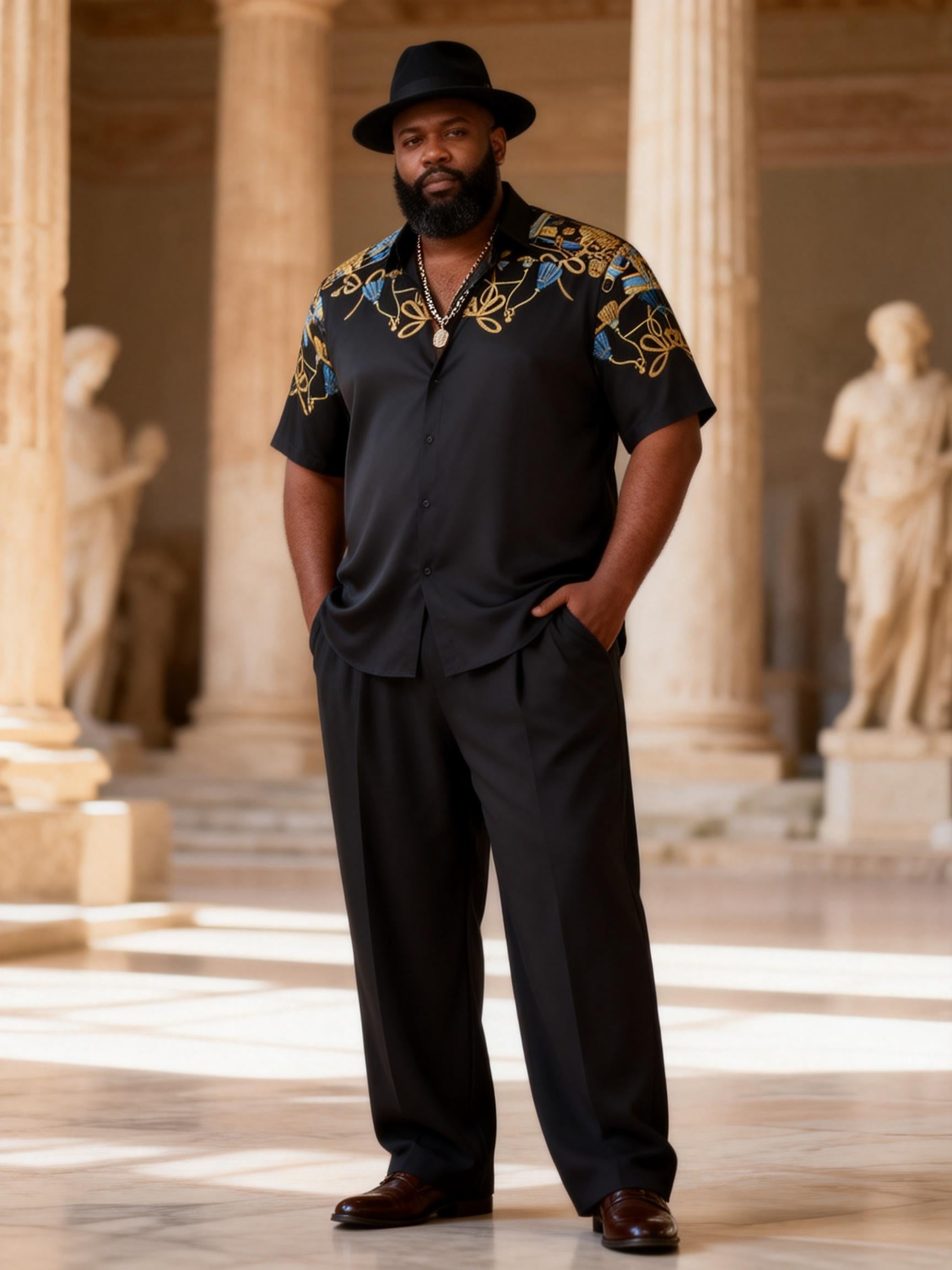 Big & Tall Men's Black And Gold Baroque Print Short Sleeve Shirt Pants Set