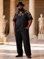 Big & Tall Men's Black And Gold Baroque Print Short Sleeve Shirt Pants Set