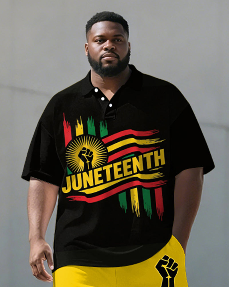 Big & Tall Men's Juneteenth Fist Reggae Color Print POLO Short Sleeve Shorts Set