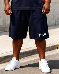 Big & Tall Men's Red And Black Contrast Letter Printed POLO Short Sleeve Shorts Set