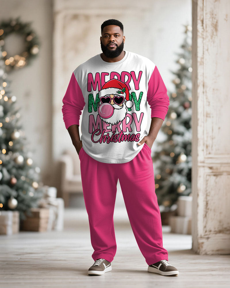 Big & Tall Men's Merry Christmas Cartoon Pink Printed Long Sleeve T-Shirt Pants Set
