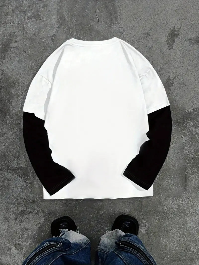 Big & Tall Men's "No Fear" Trend Graffiti Printed Fake Two Long Sleeve T-Shirts