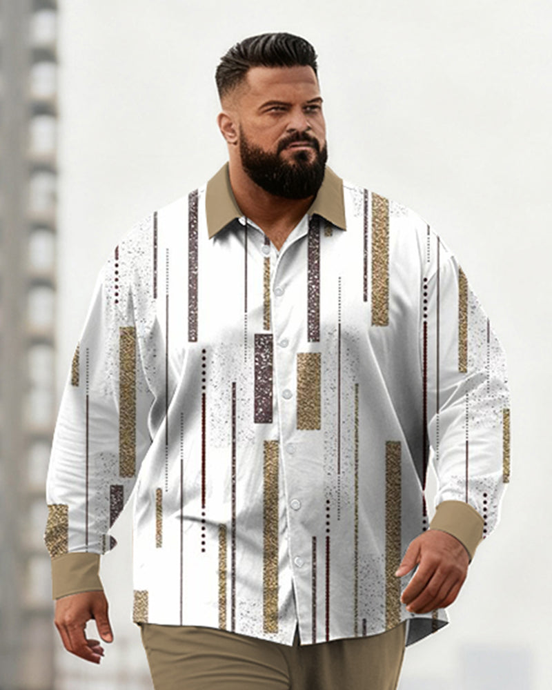 Big & Tall Men's Business Brown Striped Print Long Sleeve Shirt Pants Set