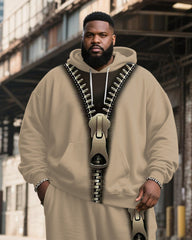 Big & Tall Men's Khaki Three-Dimensional Zipper Decorative Printed Hoodie Set