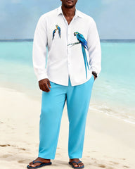 Big & Tall Men's White Blue Parrot Print Long Sleeve Shirt Pants Set