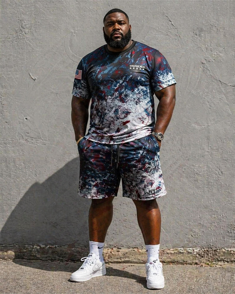 Big & Tall Men's American Flag Tie Dye Camouflage Print Crewneck Short Sleeve T-Shirt Shorts Set