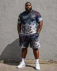 Big & Tall Men's American Flag Tie Dye Camouflage Print Crewneck Short Sleeve T-Shirt Shorts Set