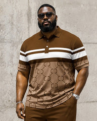 Big & Tall Men's Brown And White Horizontal Pattern Printed Polo Short Sleeve Pants Set