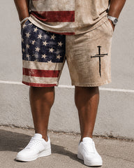 Big & Tall Men's Distressed American Flag Half-split Cross Printed Crew Neck Short Sleeve T-shirt Shorts Set