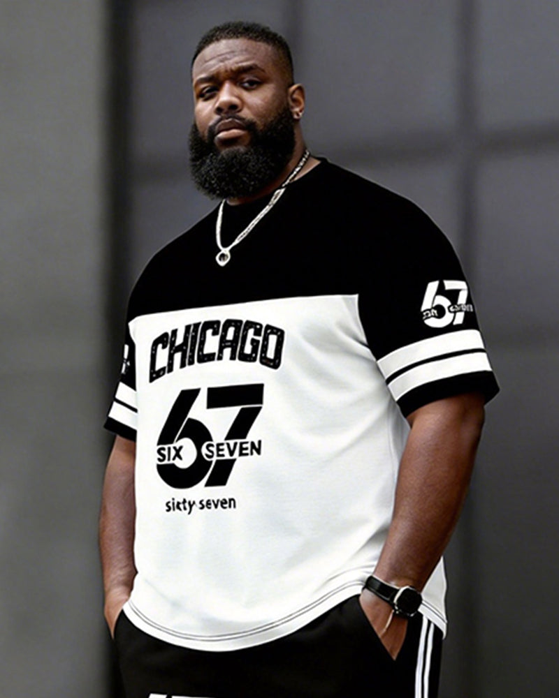Big & Tall Men's Black And White Colorblock CHICAGO 67 Printed T-Shirt Pants Set