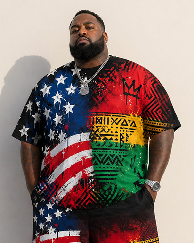 Big & Tall Men's Reggae Color African Totem American Flag Print Round Neck Short Sleeve T-Shirt Shorts Set