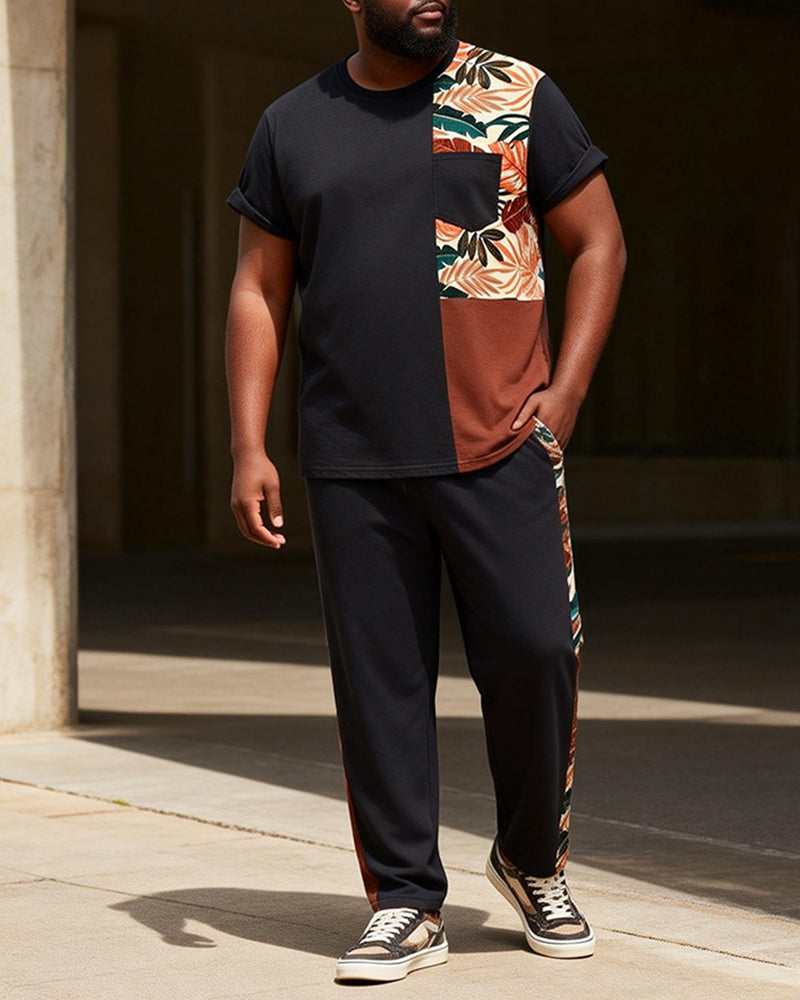 Big & Tall Men's Tropical Floral Patchwork Printed T-Shirt Pants Set