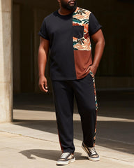 Big & Tall Men's Tropical Floral Patchwork Printed T-Shirt Pants Set