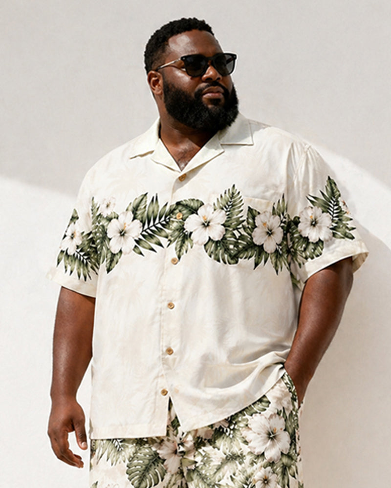 Big & Tall Men's Tropical Hibiscus Palm Leaf Print Short-Sleeve Shirt And Shorts Set