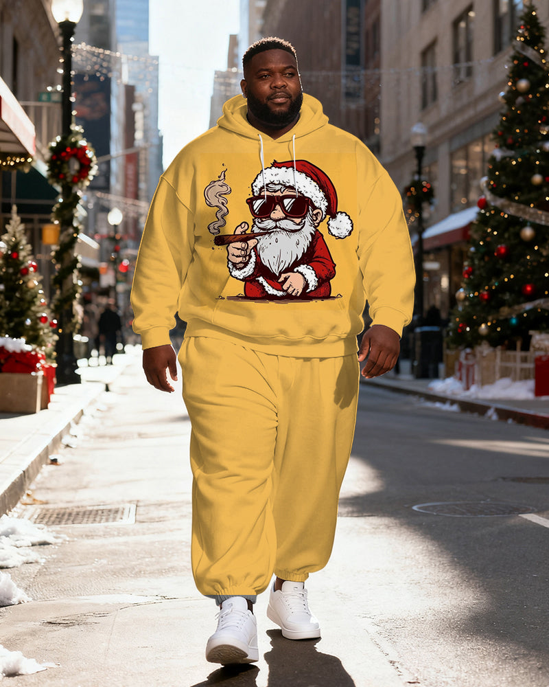 Big & Tall Men's Yellow Fashion Cool Sunglasses Cigar Santa Claus Print Hoodie Set