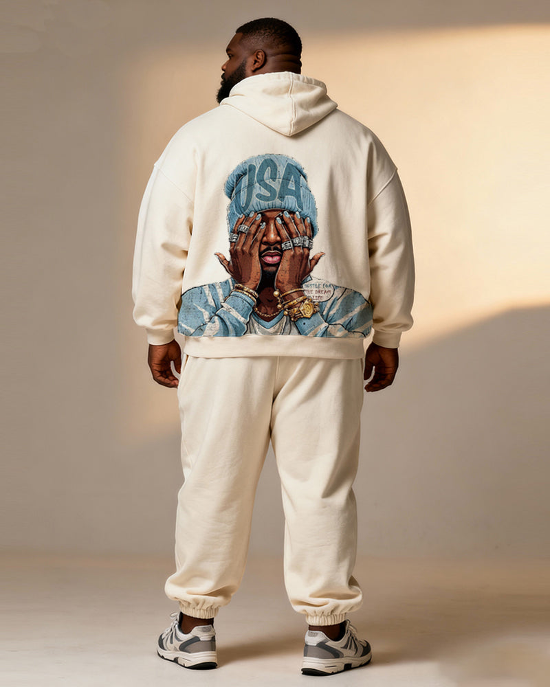 Big & Tall Men's Off-White Blue "USA" Hat Ornament Cartoon Printed Hoodie Set