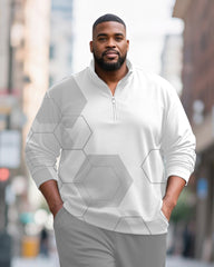 Big & Tall Men's Light Gray Honeycomb Geometric Printed POLO Collar Zipper Long Sleeve Pants Two-piece Set